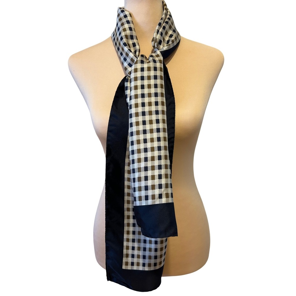 Vintage Aquascutum Scarf OS Navy Blue Check Silk Made in Italy Rectangle Vintage